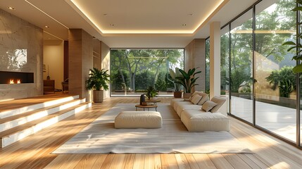 Spacious modern living room with large windows overlooking nature and a cozy minimalist design, illuminated by soft natural light.