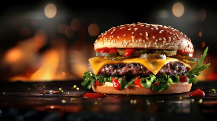 Delicious juicy cheeseburger with fresh toppings on a sesame seed bun, served hot against a blurred fiery background.