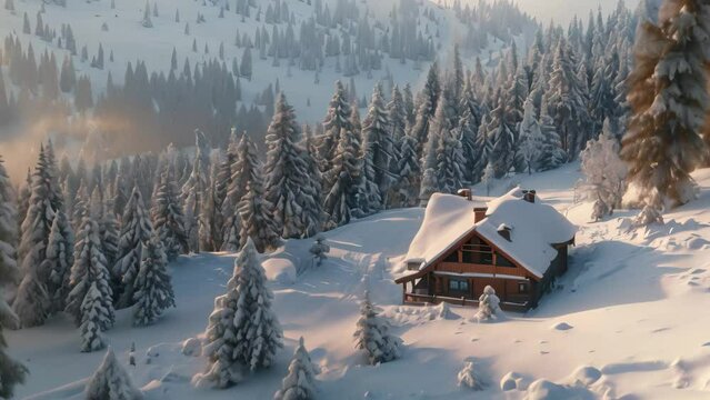 A cabin sits in the midst of snowy mountains, showcasing a winter retreat, A cozy cabin nestled in the snowy mountains surrounded by pine trees