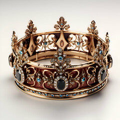 Jewelry gold crown with precious stones. 3D illustration.