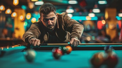 At the pool table, a man is playing billiards, carefully lining up his shot and aiming for the perfect break