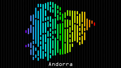 A map of Andorra is presented in the form of colorful vertical lines against a dark background. The country's borders are depicted in the shape of a rainbow-colored diagram.