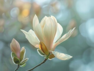 Delicate white magnolia flower blooming