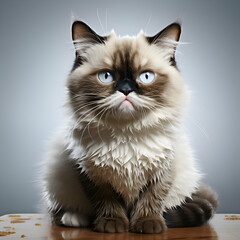 Portrait of a ragdoll cat with blue eyes on gray background