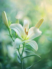 Delicate white lily flower blooming in nature