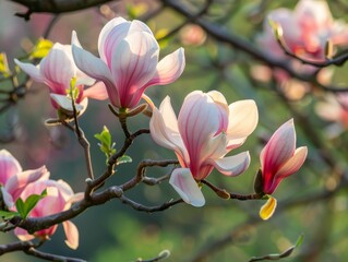Fototapeta premium Blooming pink magnolia flowers on tree branch