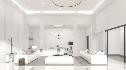 Modern spacious living room with white furniture and clean design aesthetic. 