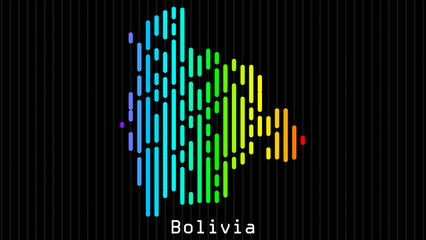 A map of Bolivia is presented in the form of colorful vertical lines against a dark background. The country's borders are depicted in the shape of a rainbow-colored diagram.