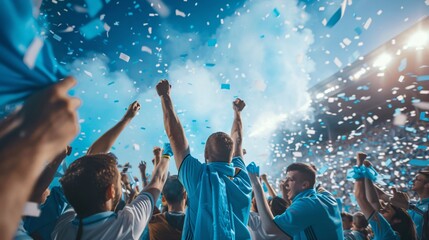 group of Sky Blue football team fans cheer and celebrating a winning tournament or winning league in street. the fans wearing sky blue shirt . Generative AI