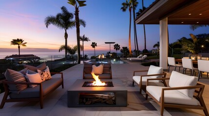Fototapeta premium Luxurious outdoor patio featuring a fire pit and comfortable seating with a breathtaking sunset over the ocean horizon. 