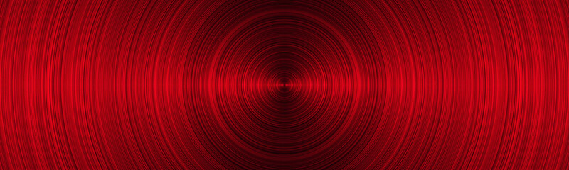 Vinyl record close up. Red spiral abstract pattern.  Circular brushed metal texture. Panoramic 3d illustration	