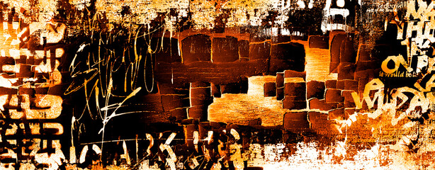 Abstract grunge cracked paint lettering brick wall. Punk style. Urban art wide illustration	