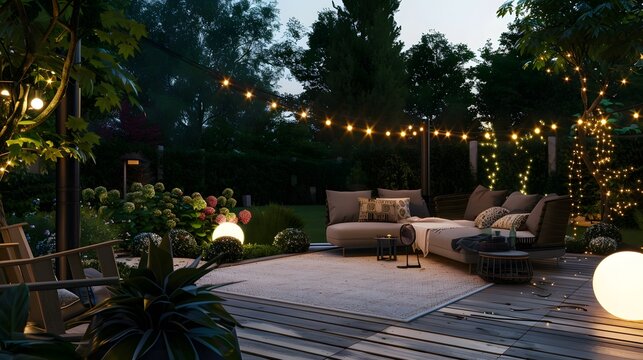 Cozy evening setting of a beautifully lit modern garden patio with comfortable furniture and ambient lighting