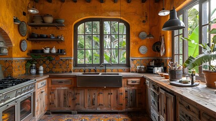 Rustic kitchen with a warm ambience featuring wooden cabinets and terracotta tiles under natural light from a large window, perfect for home design themes 