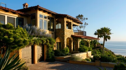 Fototapeta premium Luxurious Mediterranean style villa with ocean view at sunset, showcasing elegant architecture and lush landscaping. 