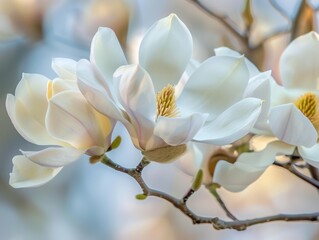 Delicate white magnolia flowers in bloom
