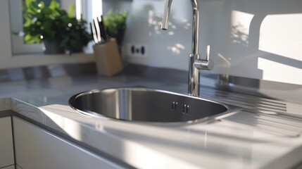 Corner sink design in a contemporary kitchen, close-up showing how it fits into the countertop corner, ideal for maximizing space in modern kitchens