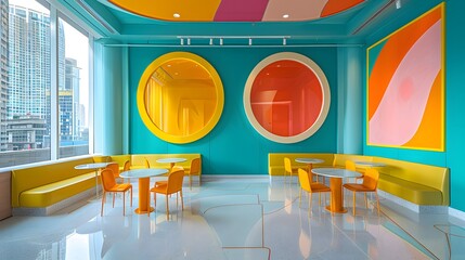 Vibrant modern interior design of a cafe with colorful furniture and geometric shapes, offering a futuristic urban aesthetic. 