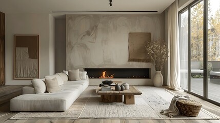Modern living room interior with fireplace and large window view in neutral colors 