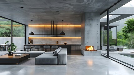 Luxurious modern living room with concrete walls, large windows, and elegant furniture, accented by a warm fireplace and lush greenery outside.