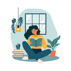 Woman reading book while sitting flat style