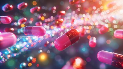 Pink capsules fly through an abstract light-filled background, symbolizing innovation and the future of pharmaceuticals.