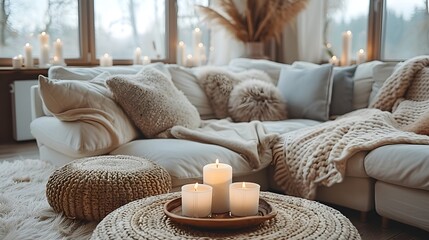 Cozy living room with lit candles, soft pillows, and a comfortable sofa evokes a warm, inviting atmosphere perfect for relaxation or interior design themes 