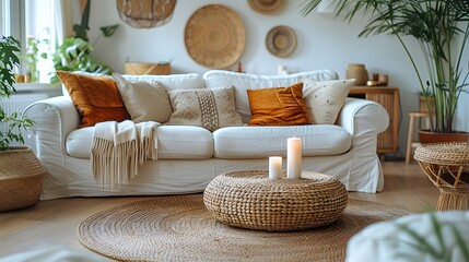 Cozy living room interior with a stylish white sofa, decorative cushions, wicker furniture, and houseplants enhancing a warm homey atmosphere. 