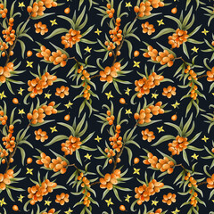 Fall orange berries of sea buckthorn on branches with tiny yellow flowers watercolor seamless pattern on dark blue. Botanical background for autumn in warm colors for cosmetics or herbal products
