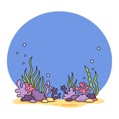 Landscape underwater bottom with algae, corals and sand on blue background. Vector illustration