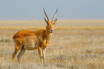 Antelope standing in field at sunset