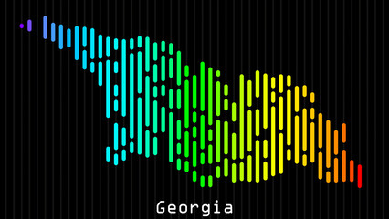Fototapeta premium A map of Georgia is presented in the form of colorful vertical lines against a dark background. The country's borders are depicted in the shape of a rainbow-colored diagram.