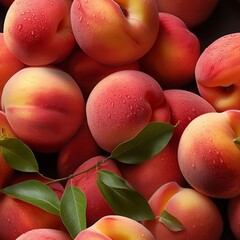 Close-up of fresh, ripe peaches with water droplets and green leaves, showcasing vibrant colors and juicy texture.