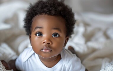 A genderfluid child, Southern African desc, wearing a white shirt, peacefully laying on a bed