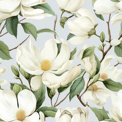 Seamless pattern with elegant white magnolia flowers and green leaves on a light background, perfect for wallpapers and fabrics.