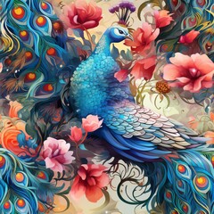 Vibrant illustration of a peacock surrounded by colorful flowers, showcasing detailed feathers and vivid colors.