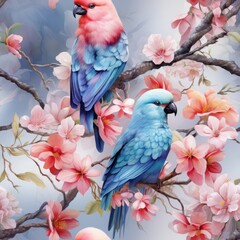 Fototapeta premium Vibrant parakeets with colorful feathers perched on blooming cherry blossoms in a picturesque nature scene.