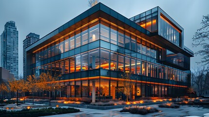 Modern office building illuminated at twilight showcasing contemporary architecture and urban landscaping. 