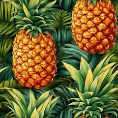 Vibrant pattern featuring ripe pineapples and lush green leaves. Perfect for tropical backgrounds, summer themes, and exotic designs.