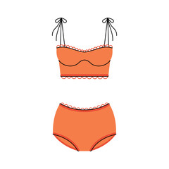 Retro woman swimwear. Stylish vintage female beachwear with lace decor, fashionable summer outfit, doodle swimming suit with top on straps and grannys panties. Vector flat illustration