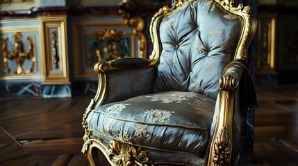 Elegant vintage armchair with ornate golden details in a luxurious interior setting 