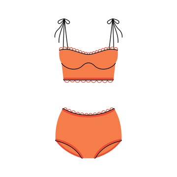 Retro woman swimwear. Stylish vintage female beachwear with lace decor, fashionable summer outfit, doodle swimming suit with top on straps and grannys panties. Vector flat illustration