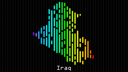 A map of Iraq is presented in the form of colorful vertical lines against a dark background. The country's borders are depicted in the shape of a rainbow-colored diagram.