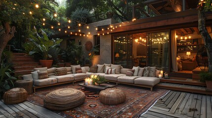 Cozy outdoor living space with a comfortable lounge area, decorative lights, and lush greenery during evening time. 