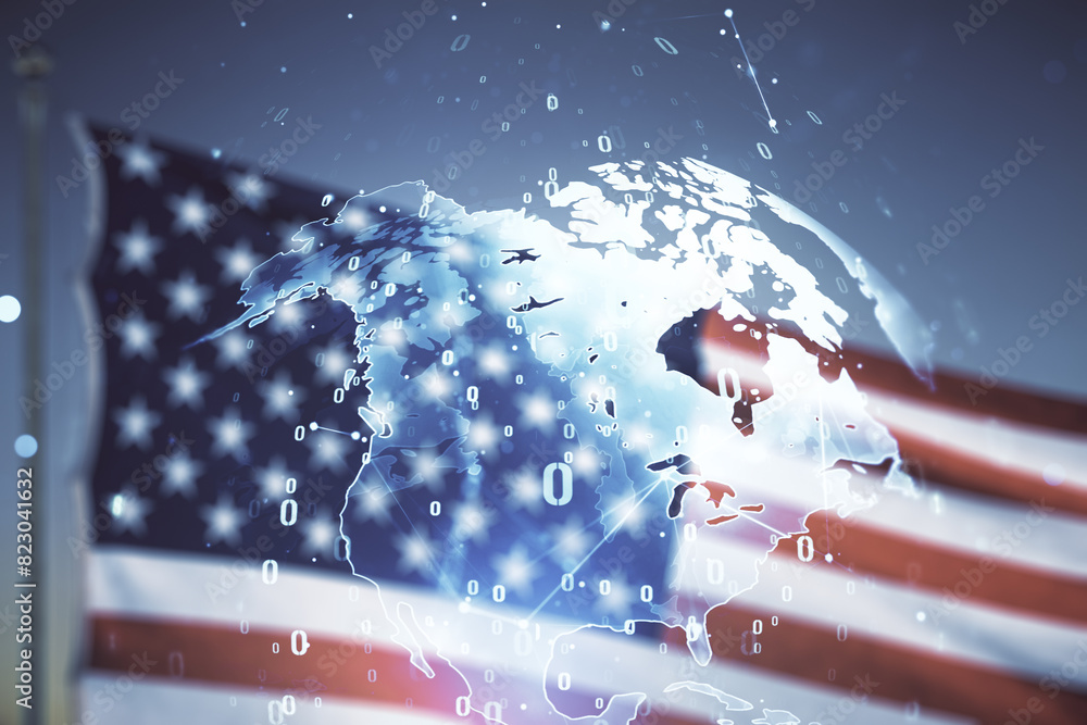 Aufkleber double exposure of abstract creative programming illustration and world map on us flag and blue sky 
