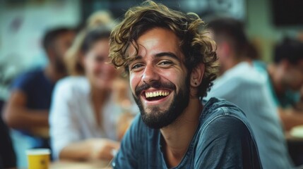 Fototapeta premium The photo shows a young man with curly hair and a beard. He is smiling and looking at the camera. He is wearing a gray shirt and there are people in the background.