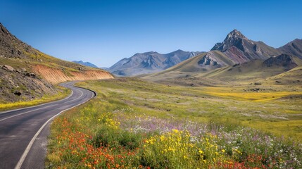 A mountain road with sharp bends, surrounded by flowering meadows and distant mountain peaks, under a clear blue sky. 32k, full ultra hd, high resolution