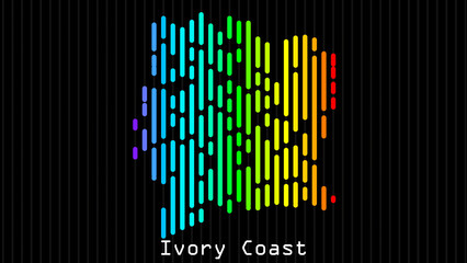 A map of Ivory Coast is presented in the form of colorful vertical lines against a dark background. The country's borders are depicted in the shape of a rainbow-colored diagram.