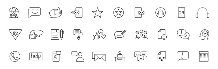 Customer service icon set. Containing customer satisfied, assistance, experience, feedback, operator and technical support icons. Thin outline icons pack.