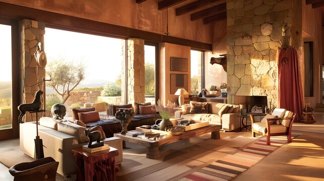 Cozy rustic living room with elegant furniture and warm natural lighting at sunset 